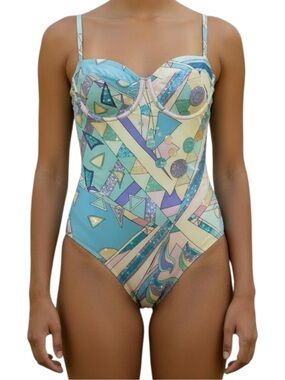 Abstract Geo-Print One-Piece Swimsuit in Aqua